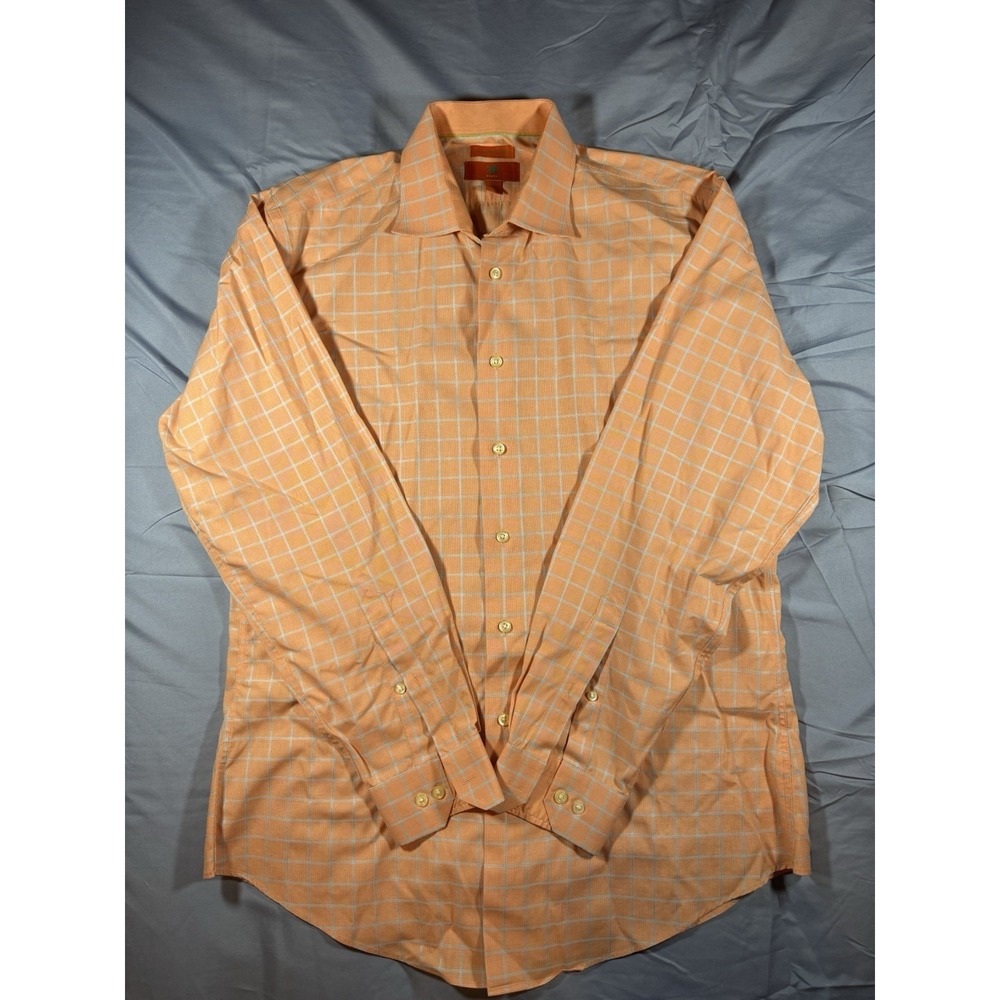 Egara Men's Orange Checkered Slim Fit Long Sleeve Button Up Size 16 34/35 Medium